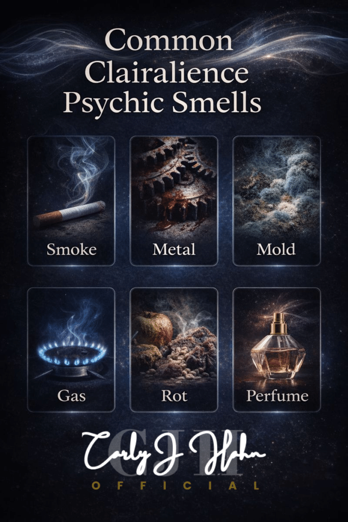 Common clairalience psychic smell types: smoke, metal, mold, gas, rot, perfume